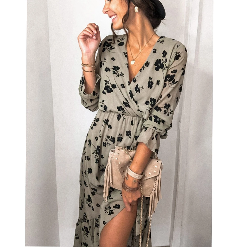 

Women's 2021 Sexy, Irregular, Slimming Print V-neck, Long Sleeve, Casual Flounce Dress