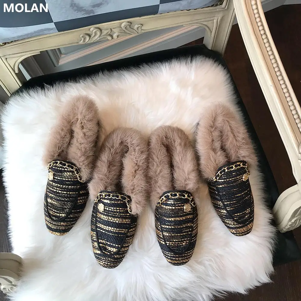 MOLAN/фирменный дизайн; коллекция года; Роскошная зимняя золотистая декоративная металлическая цепь; лоферы на плоской подошве с мехом; шлепанцы; Вьетнамки; Размеры 35-40; повседневная обувь