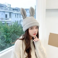 draping rabbit ears rabbit fur bonnet hat for women autumn winter knitted wool hats japanese korean warm velvet beanies hats
