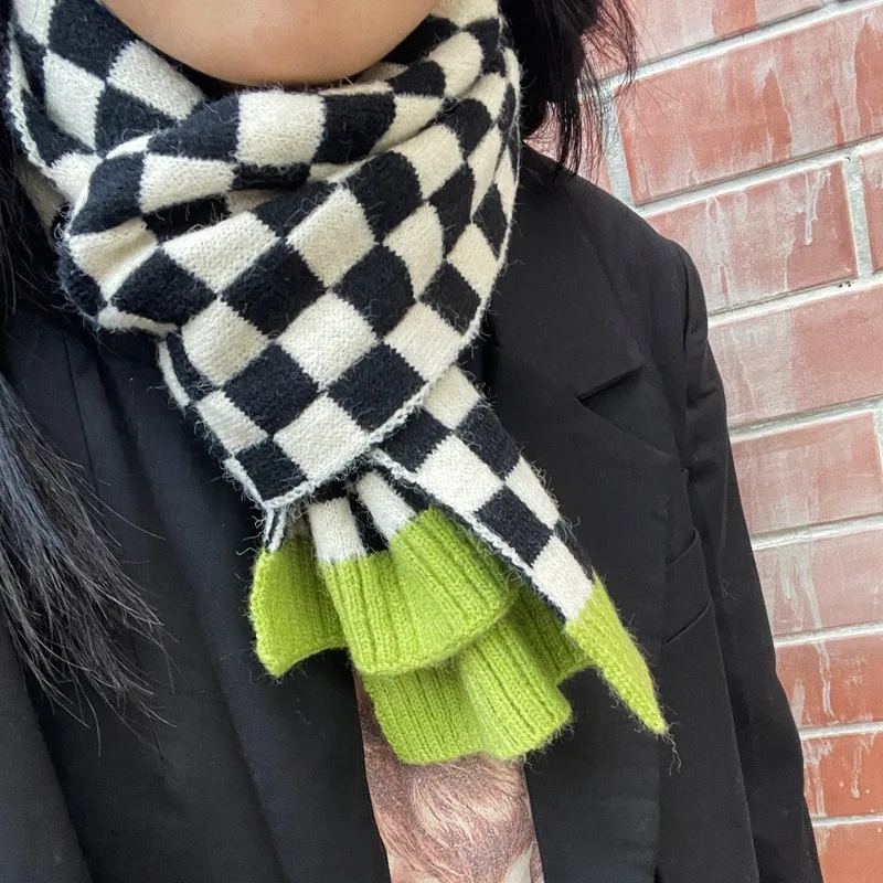 

Autumn Winter Soft Geometric Scarf Ins Korean Small Short Knitted Plaid Scarf Outside Warm Cashmere Scarf For Adult Children