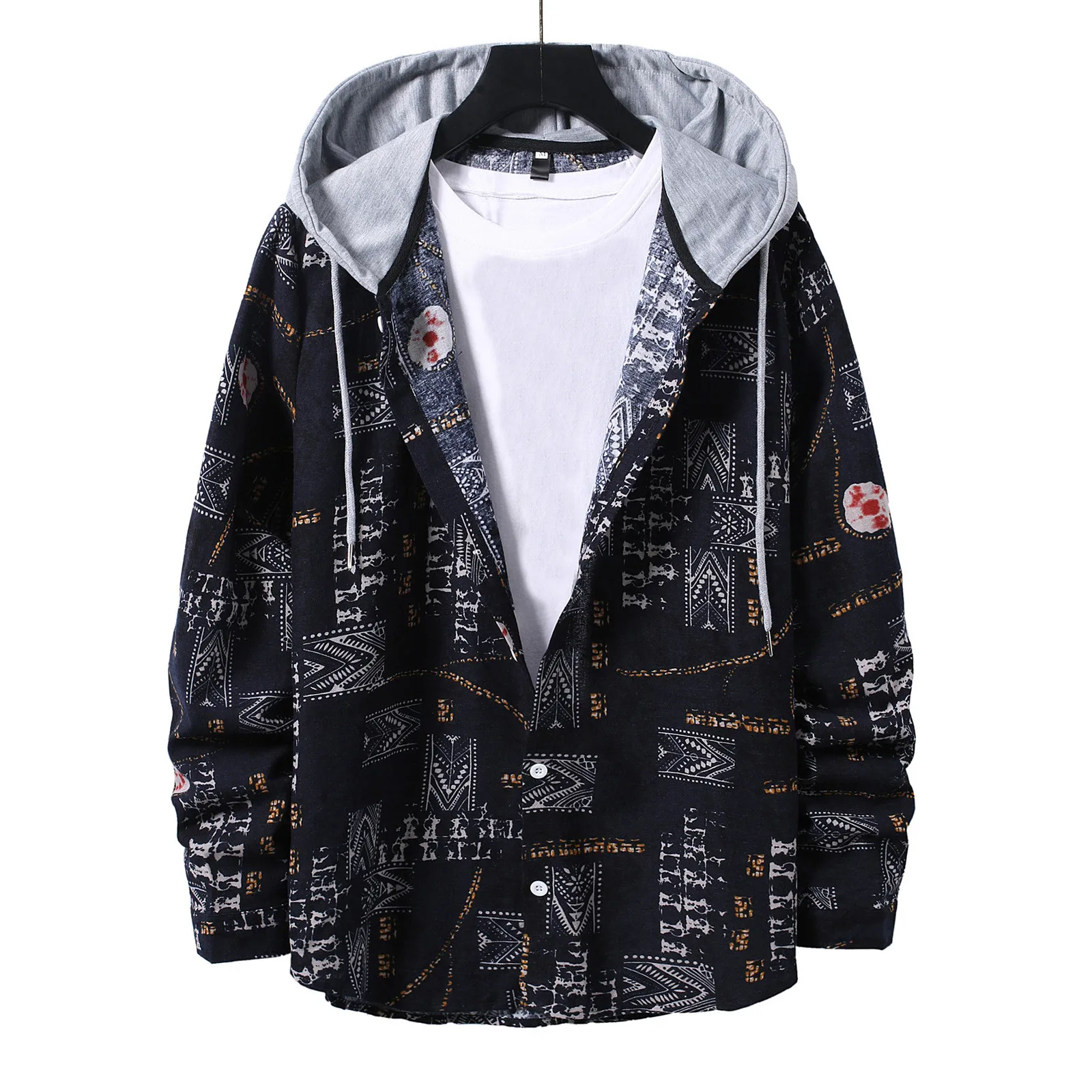 Мужская Повседневная рубашка с капюшоном осенняя клетчатая однобортная длинным