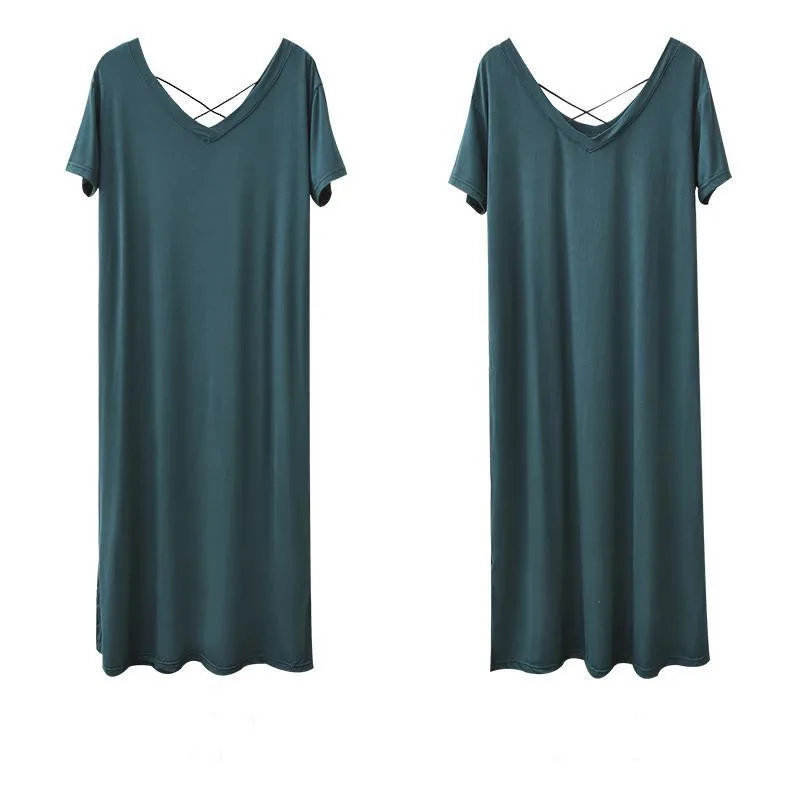 

2021 Spring Nightdress Women V-Neck Modal Sleepwear Plus Size Loose Nightshirt Short Sleeve Nightgown Comfortable Female Homewea