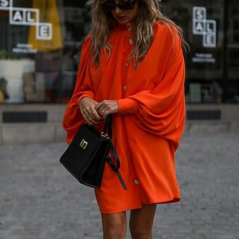 

Женское офисное осеннее мини-платье, модное простое вечернее платье с воротником-хомутом на пуговицах, элегантное женское платье с рукавам...