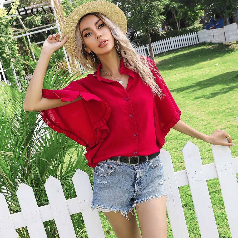 

ZAYONV Womens Button Down Ruffle V Neck Shirts Short Butterfly Sleeve Blouse Shirt