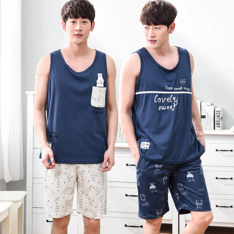 

Пижамный комплект мужской из 2021 хлопка, пикантный жилет без рукавов, одежда для сна в Корейском стиле, домашняя одежда, лето 100%