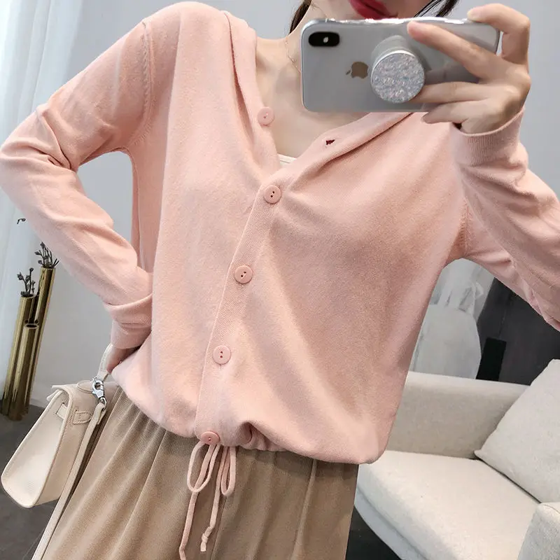 Женский вязаный кардиган с капюшоном весна-осень 2020 однотонный свободный