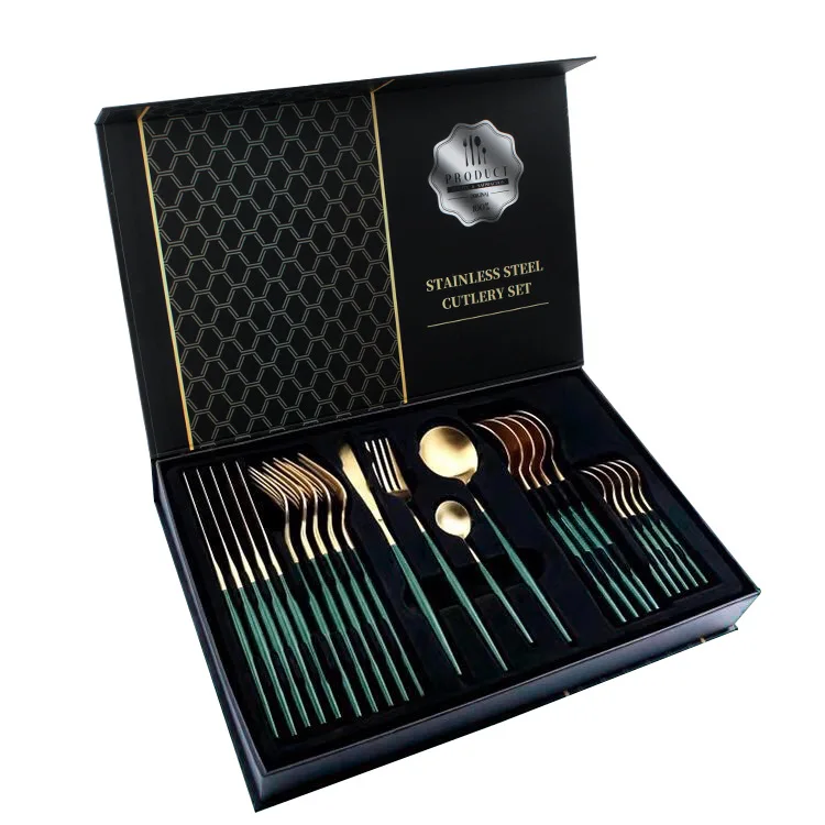 

Luxury stainless steel Portuguese tableware gold-plated paint knife, fork and spoon 24-piece set, fork and spoon gift box set