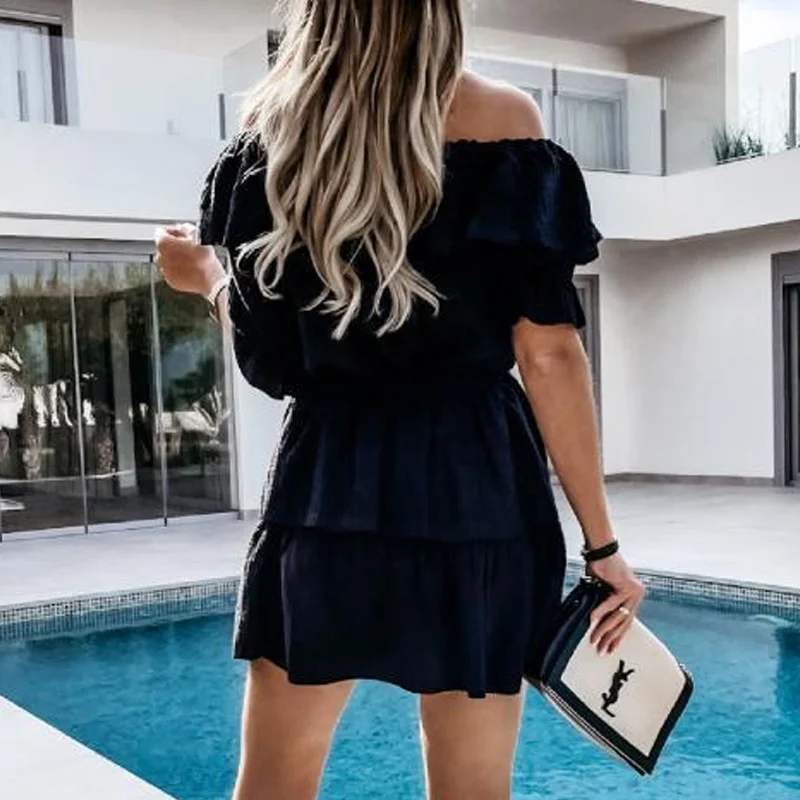 

Fashion Sexy Off Shoulder Ruffle Mini Dress Casual Short Sleeve Women Party Dresses Elegant V Neck Lace-up Summer Dress Vestidos