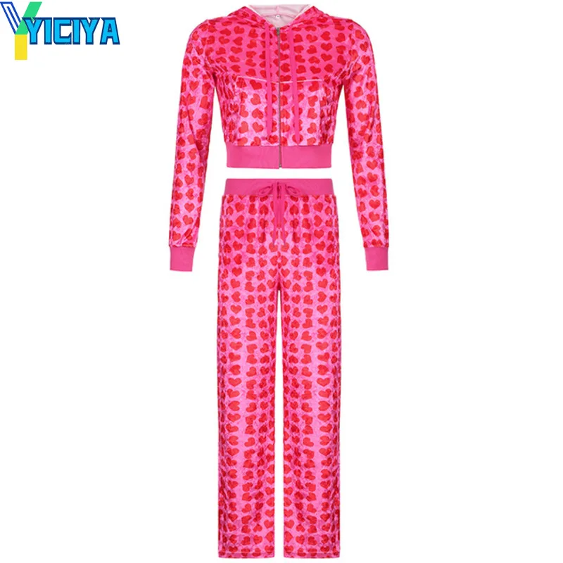 

Ladies suit pink heart-shaped printed velvet women's pants retro street style sweatpants short navel zipper top y2k autumn 2021