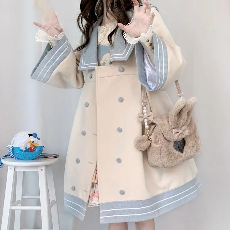 

Женское шерстяное пальто в стиле Лолиты, длинная теплая куртка в Корейском стиле, с матросским воротником, в японском стиле, милая верхняя о...