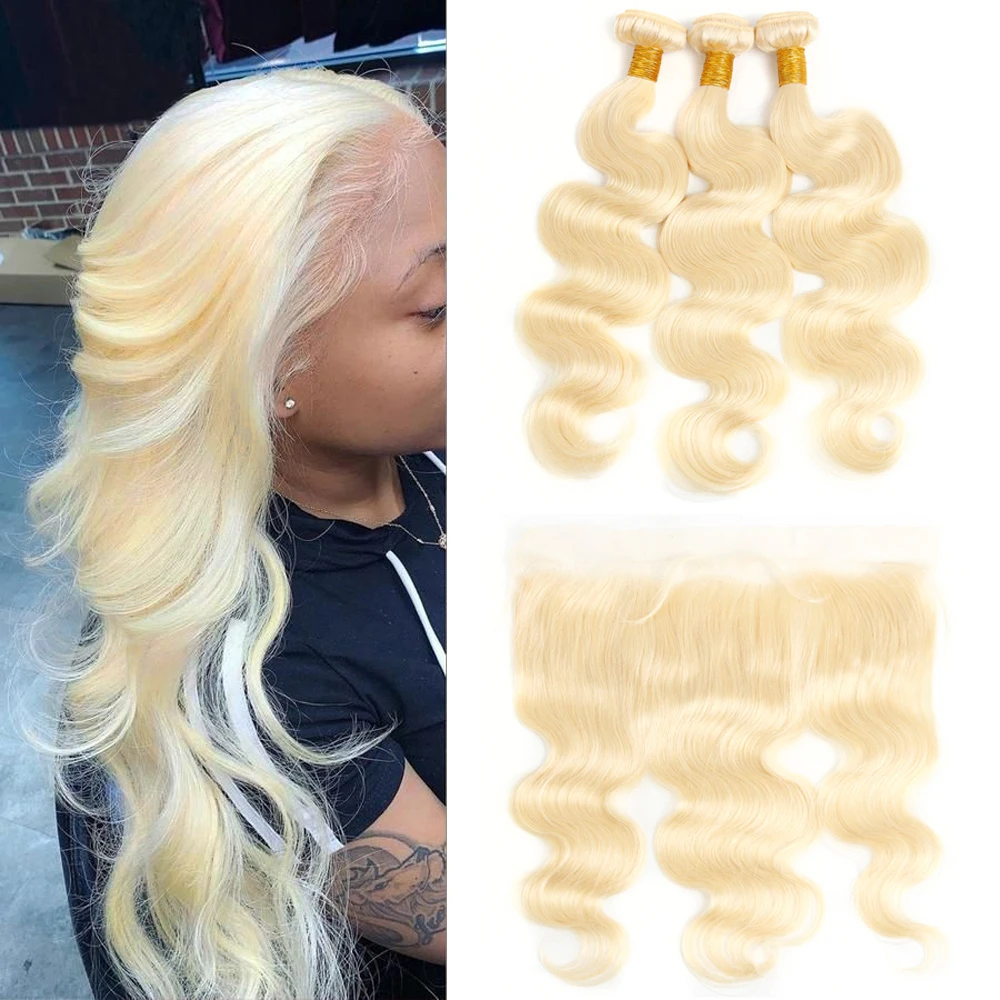 613 Blonde Body Wave 3 4 Bundles With 13x4 Lace Frontal Brazilian Human Hair Weave With HD Transparent Lace Frontal Closure