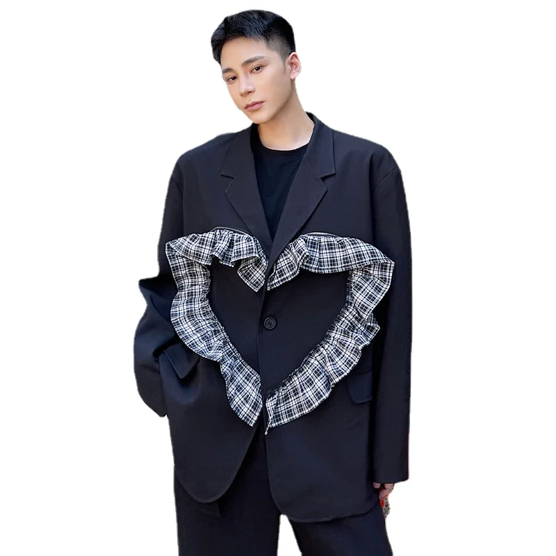 Men Removable Zipper Heart-shaped Lace Suit Jacket Man Harajuku Streetwear Fashion Loose Casual Suit Coat Blazer Male Clothing
