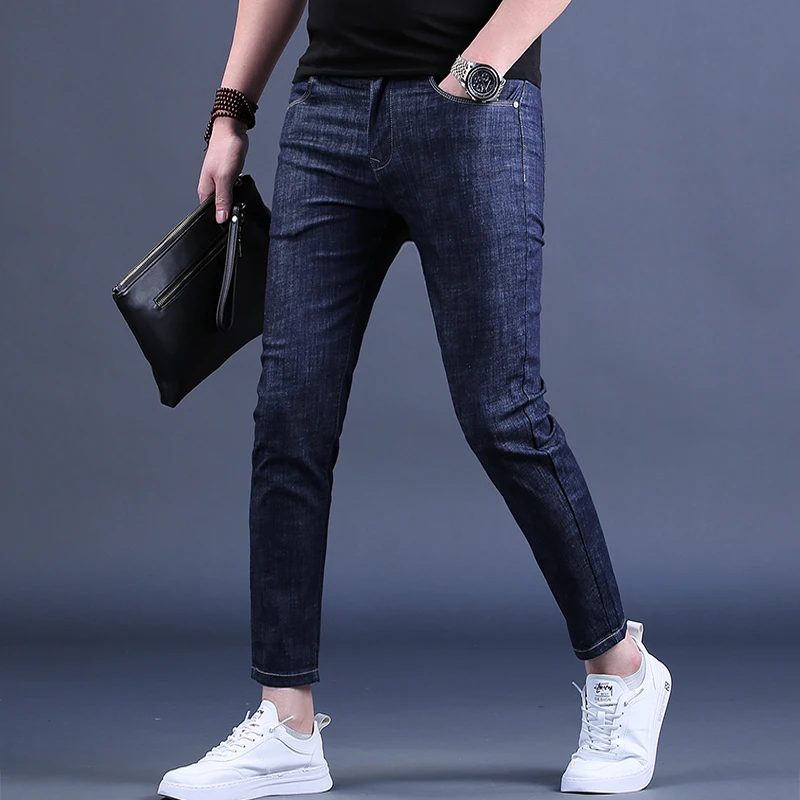Summer New Men's Jeans Fashion Blue Slim Fit Ankle-Length Pants Korean Style Thin Denim Trousers