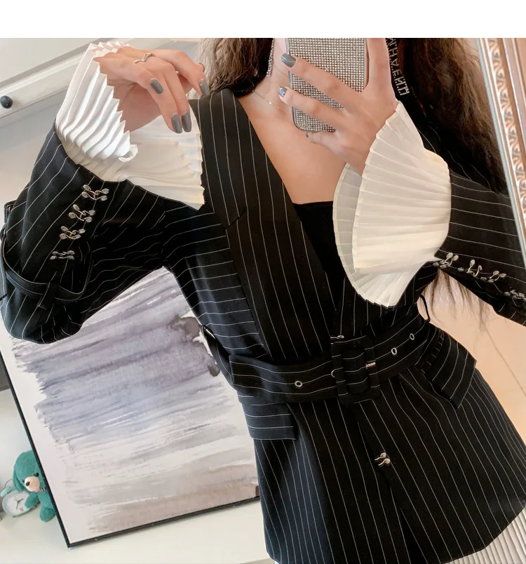 2020 стильный темно синий полосатый мини костюм женское осеннее платье средней