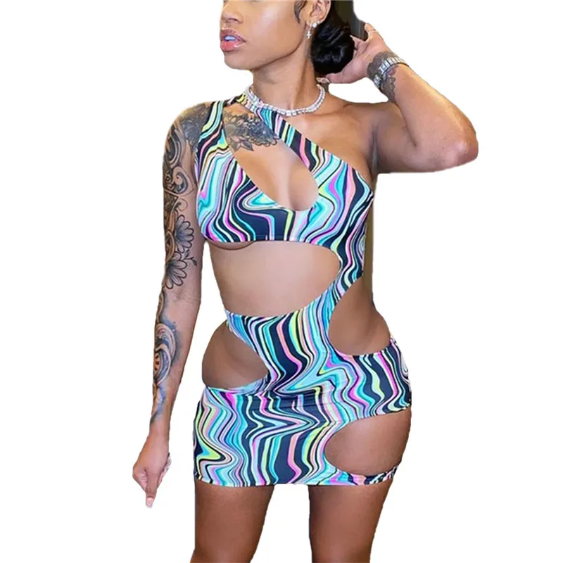 

Women Sleeveless Hollow Out Dress Y2K Clothes One-shoulder Print Design Skinny Fit Dress Backless Elastic Dress Streetwear