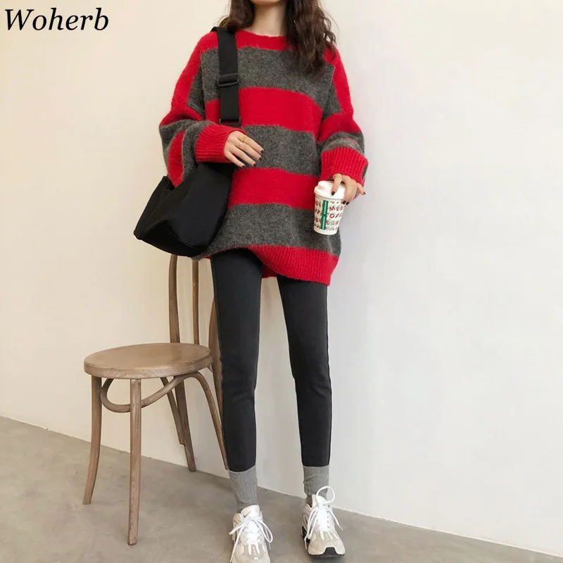 Woherb Women Oversized Thin Sweater Vintage Striped Loose Pullover Streetwear Autumn Knitted Jumper Femme 2021 Sueter Mujer | Женская