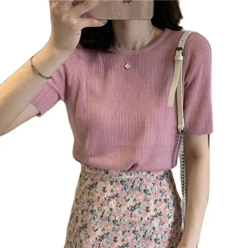 

Summer Thin Ice Silk T-shirt Women's Short Sleeve Loose Thin Purple Dress Short Top Women's T-shirt