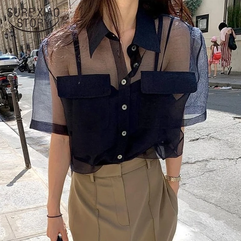 

Chic Short Sleeve Women Shirt Summer 2021 Loose Shirt Perspective Women Tops Korean Fashion OL Style Pockets Thin Blouse 15351