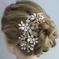 gold color crystal beads handmade women bride hair combs headpiece floral wedding jewelry accessories re3796