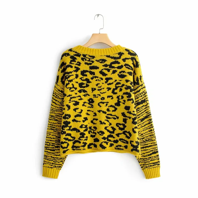NSZ женский свитер с леопардовой раскраской животным принтом вязаный пуловер
