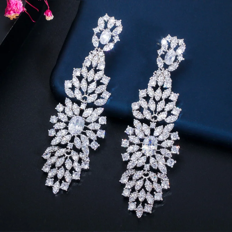 CWWZircons African Cubic Zirconia Paved Elegant Dangle Drop Indian Gold Long Wedding Bride Earrings for Women CZ649 | Украшения и