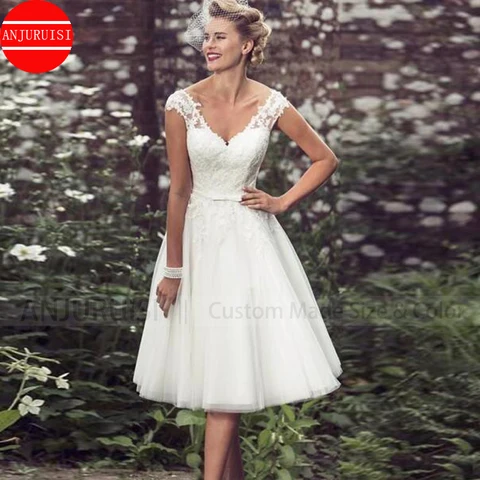 Elegant Knee-Length Wedding Dresses Short Vestidos De Novia V Neck Cap Sleeves Appliques Lace Tulle Bridal Gown Robe Mariage