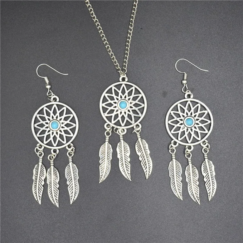 Fashion Bohemian Style Pendant Dream Catcher Earrings Feather Necklace Jewelry Set For Women Sweet Gift