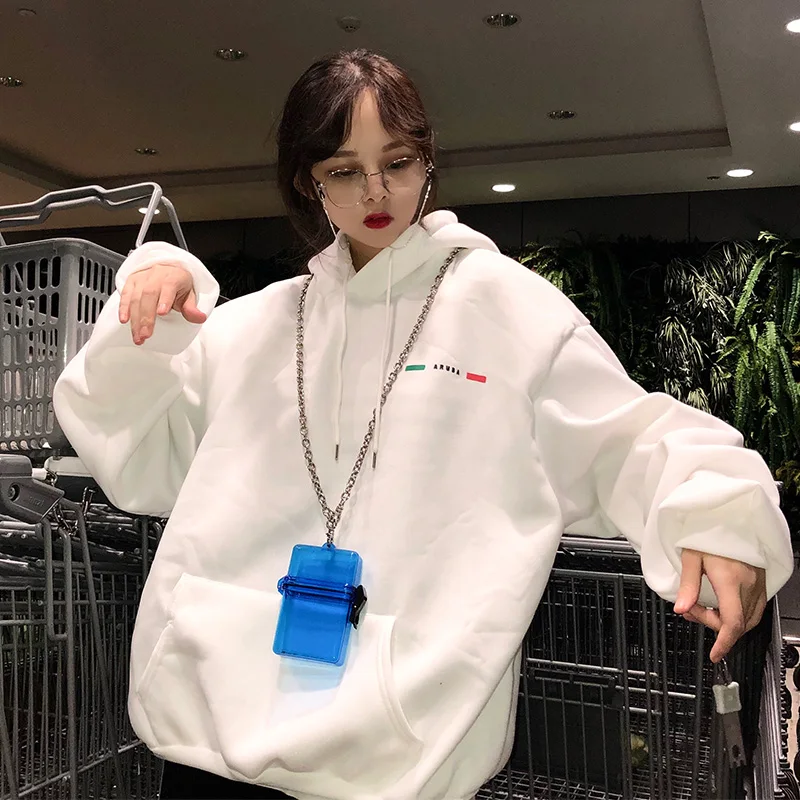 

Hoodies Women Thicker Plus Velvet Warm Clothing Printed Hooded Big Pockets Sweatshirts Womens Korean Style Trendy Students New