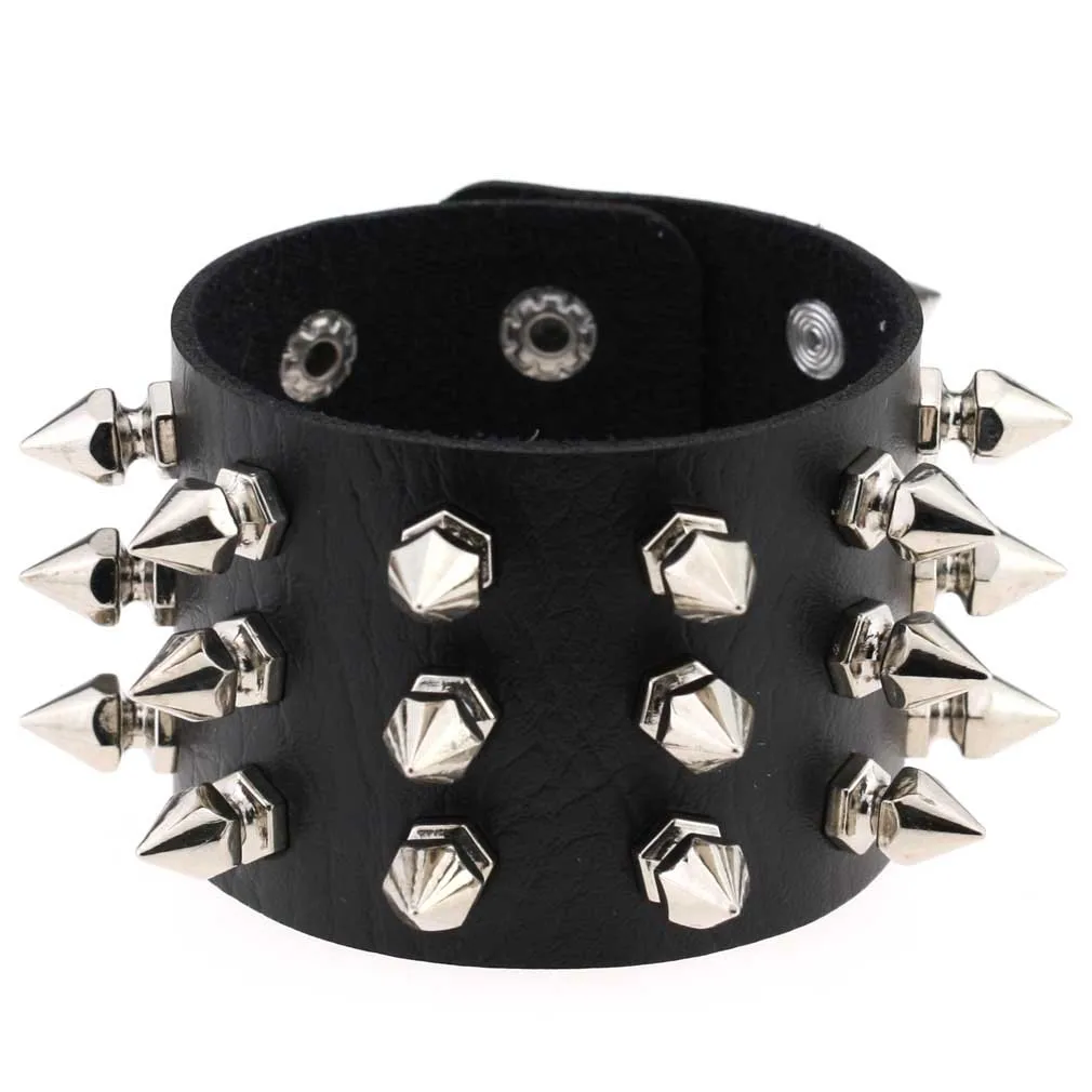 

New Gothic Unisex Women Punk One-row Spike Rivet Bracelet Cone Black Leather Cuff Large Size Wristband Bracelets & Bangles