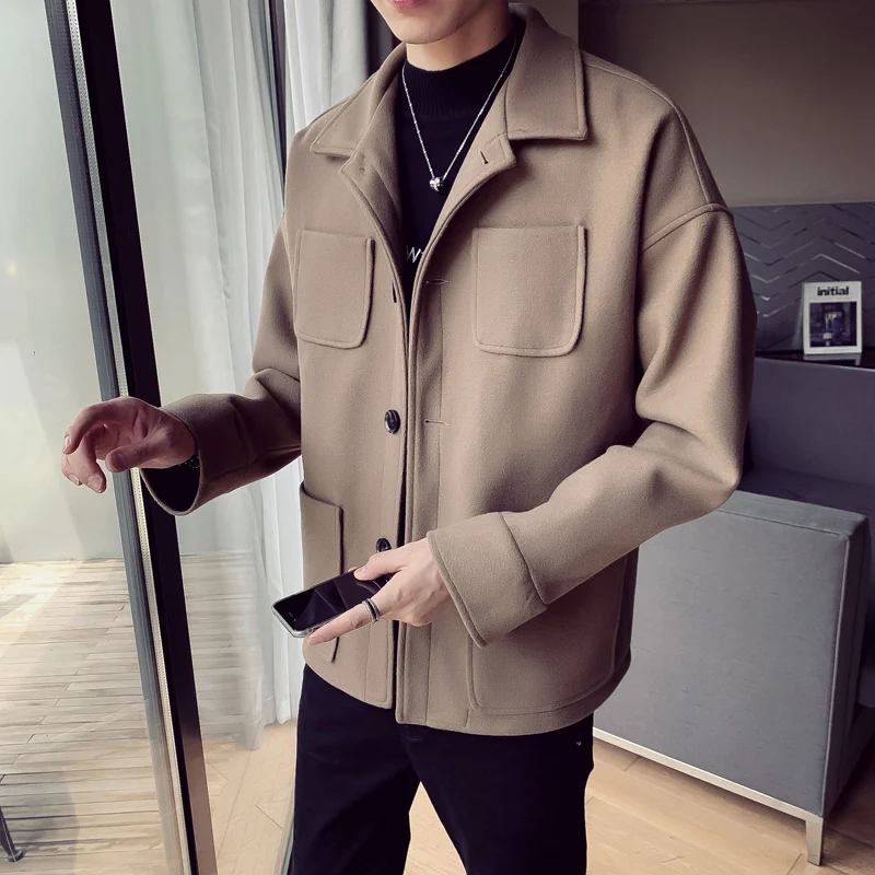 Осень и зима мужское однобортное шерстяное повседневное пальто короткий