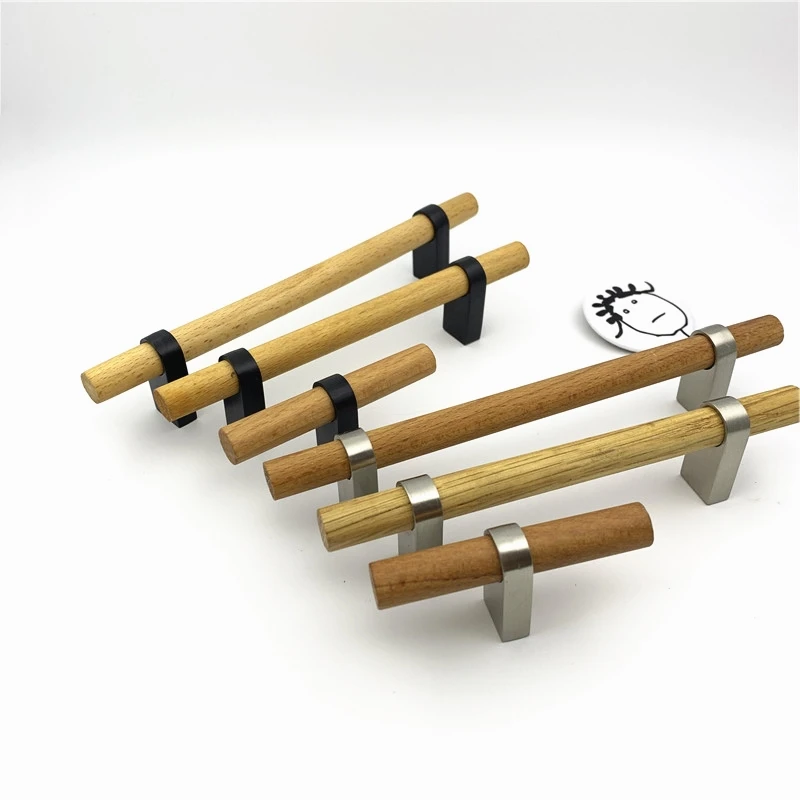 Деревянная ручка LCH в скандинавском стиле, винтажная ручка для выдвижных ящиков из цинкового сплава, деревянная ручка для шкафа, матовый серебристый, черный