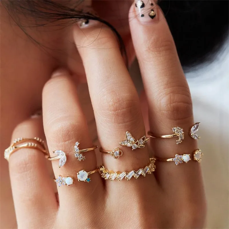 

Ring Set Retro Leaf Star Moon Geometric Crystal Ring Set Lady Glamour Joint Ring 2020 Fashion Jewelry