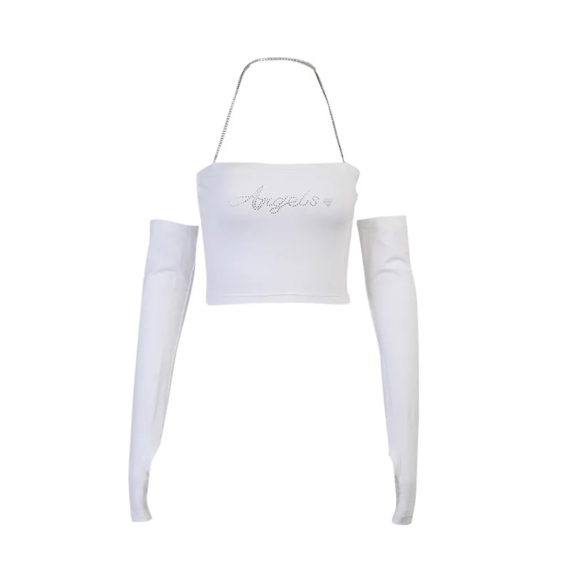 

2021 halterneck top diamonds and letters short top personalized small sling diamond chain navel tube top sleeves Slim crop tops
