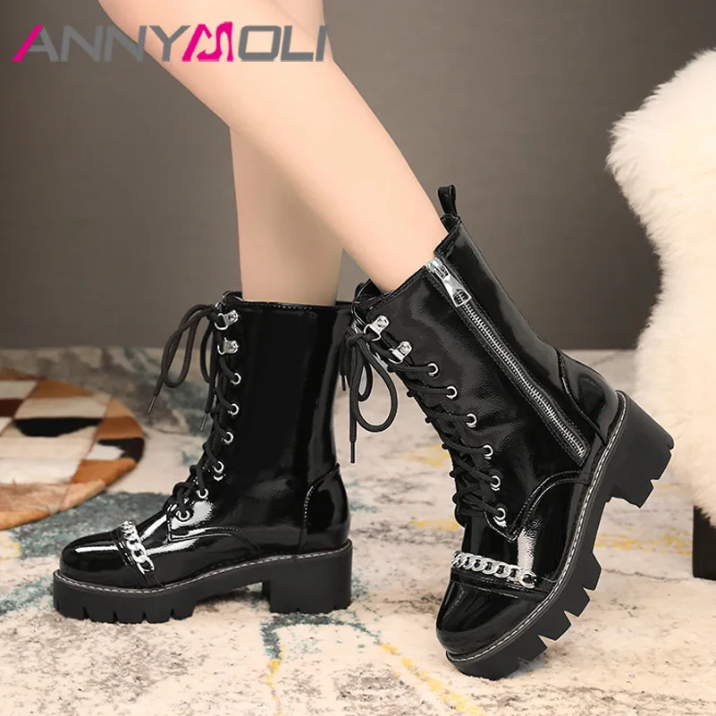 

Ботильоны ANNYMOL женские на высоком каблуке, мотоциклетные ботинки на платформе, на молнии, обувь на блочном каблуке, со шнуровкой и цепочкой, ...