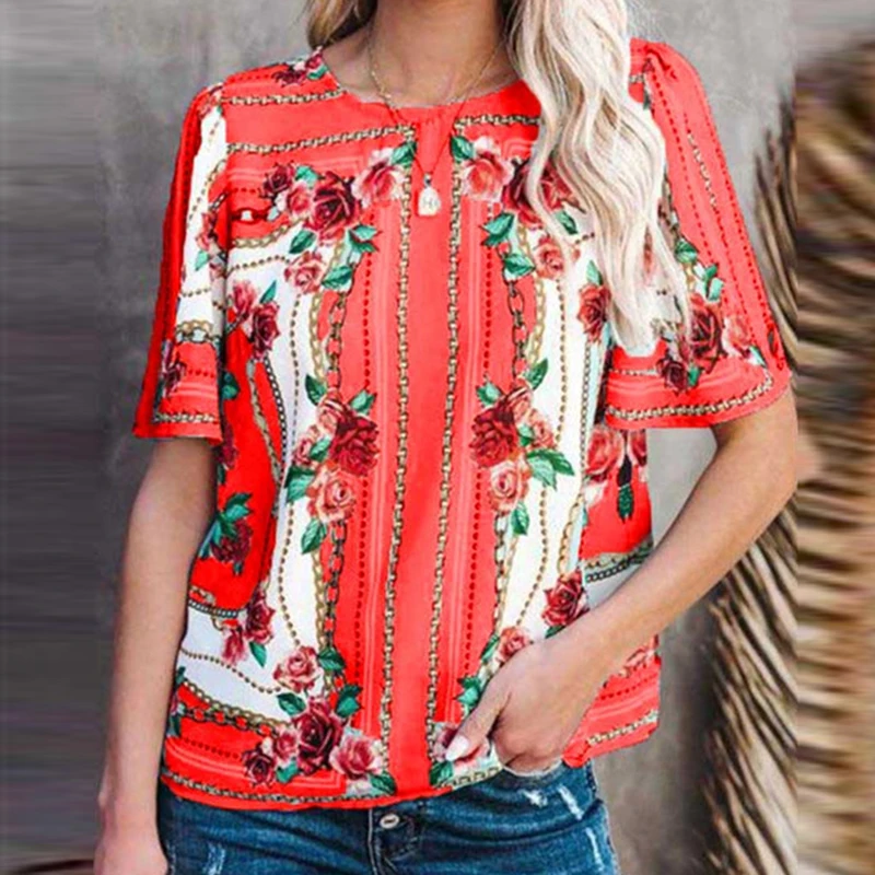 

Summer T-Shirts Women Ladies Flower Print Tops Round Neck Short Sleeve Shirt Vintage Casual Loose Female t Shirt 2021 Mujer