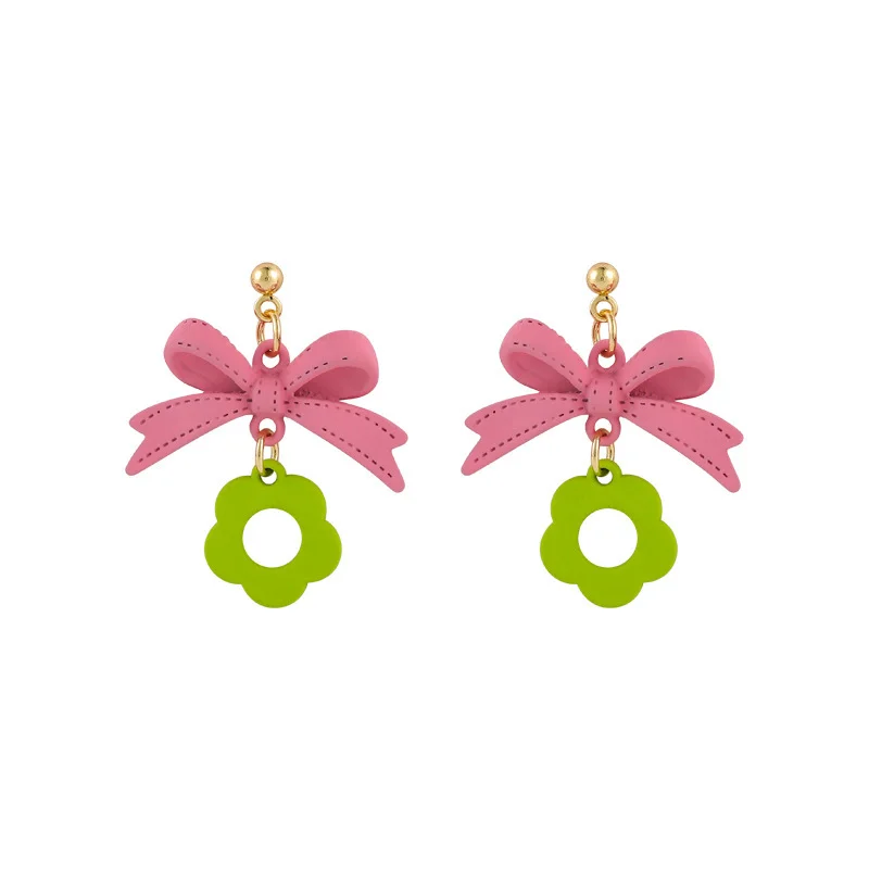 

LOVOACC Temperament Hollow Korean Contrast Color Pink Bowknot Dangle Earring for Women Fashion Green Earring Jewelry Pendientes