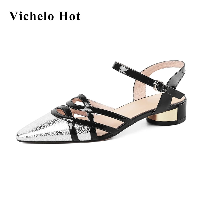 

Vichelo Hot large size leisure streetwear high quality small square toe med round heel buckle straps beauty lady women pumps L67