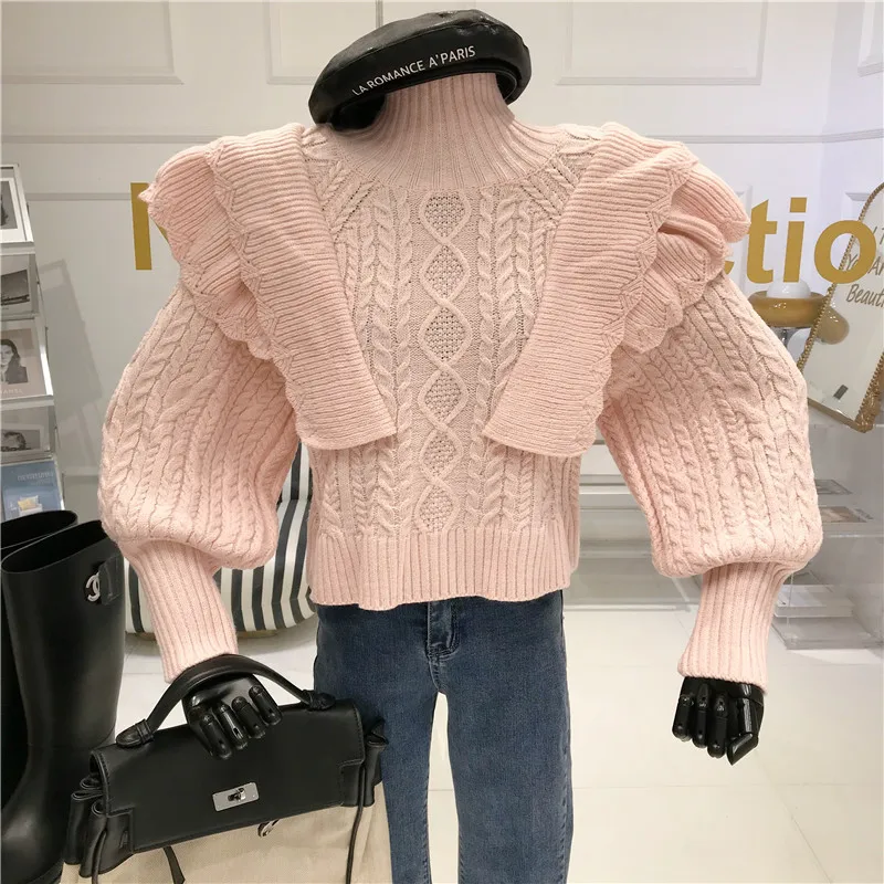 

Temperament Half high collar sweater with ear edge Women's Spring 2021 New Loose knit top sweet Bottoming shirt