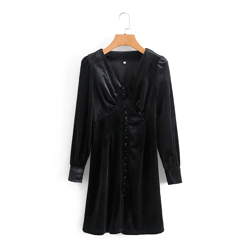 

Women 2020 Elegant Fashion With Buttons Velvet Mini Dress Vintage Long Sleeve Side Zipper Female Dresses Vestidos Mujer