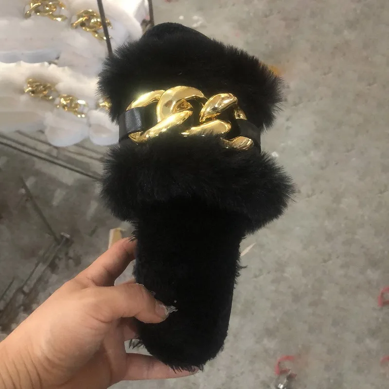 

Summer Plush Slippers Fashion Open Toe Solid Color Women's Sandals Metal Chain Outdoor Casual Women's Shoes Plus Size