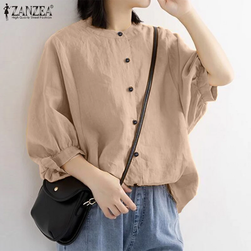 

Женская Однотонная рубашка на пуговицах, Винтажная летняя блузка с рукавом 3/4, ZANZEA, свободные повседневные топы, туника, Femme Work Blusas Mujer