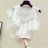 elegant white t shirt women summer new korean style mesh hollow out ruffled round neck off shoulder t shirts ladies casual tops