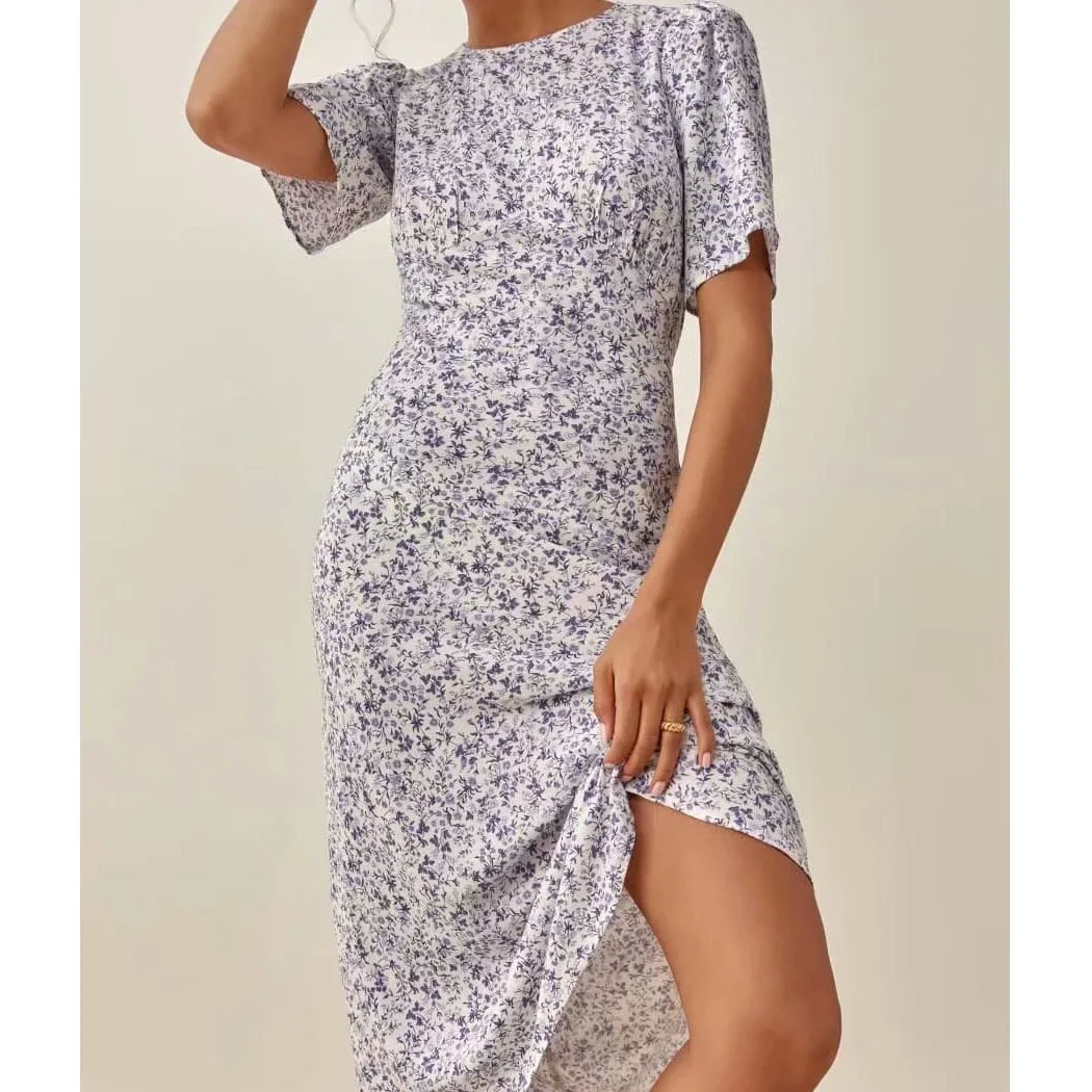 

French Retro Dress Flower Printed Slim Loose Long Dresses Short Sleeve Women's Summer Clothing Midi Wear