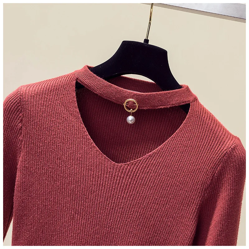 Autumn and winter plus fat large size women's V-neck pendant fashion sweater ladies slim long-sleeved bottoming shirt t Женская