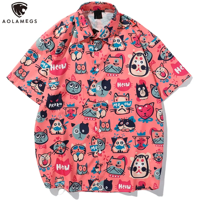 

Aolamegs Summer Men's Shirts Cartoon Cat Print Casual Shirts Hawaiian Style Beach Shirt Holiday Harajuku Streetwear Short Sleeve