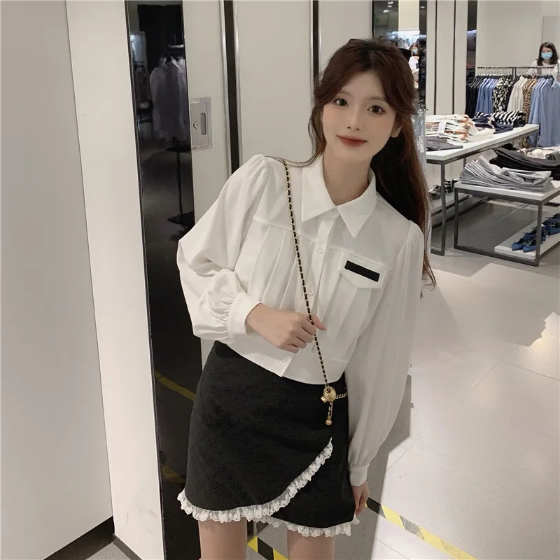 

KUSAHIKI White Short Blouses Women Puff Sleeve Turn-down Collar Shirt Spring New Elegant Korean Blusas Feminimos 2021 New 6F467