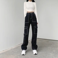 pockets patchwork baggy jeans fashion streetwear 100 cotton women denim trouser loose cargo pants korean jeans harajuku