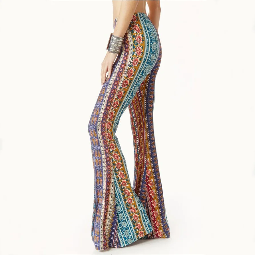 

2021 spring and summer tight-fitting hip retro print micro-flared women's pants four colors four yards