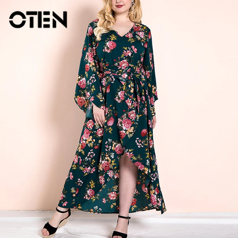 OTEN 2018 Autumn Women Fashion Clothes Long Sleeves V Neck Green Ruffle Flowers printed Casual Party Irregular Dress | Женская одежда