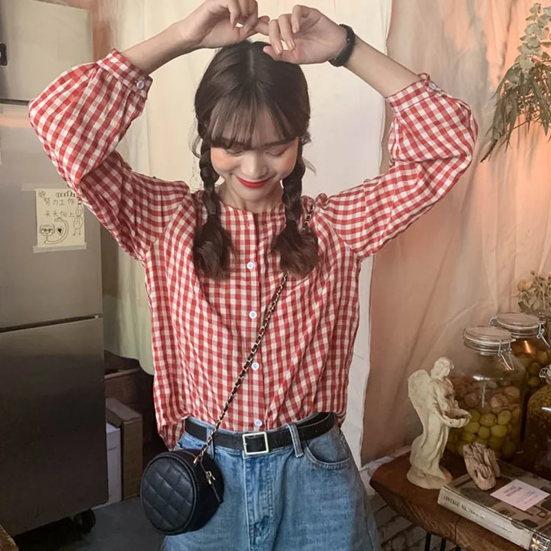 

Retro Style Plaid Shirt Spring Autumn New Round Neck Long-sleeved Shirt Fashion Sweet Casual Wild Shirts